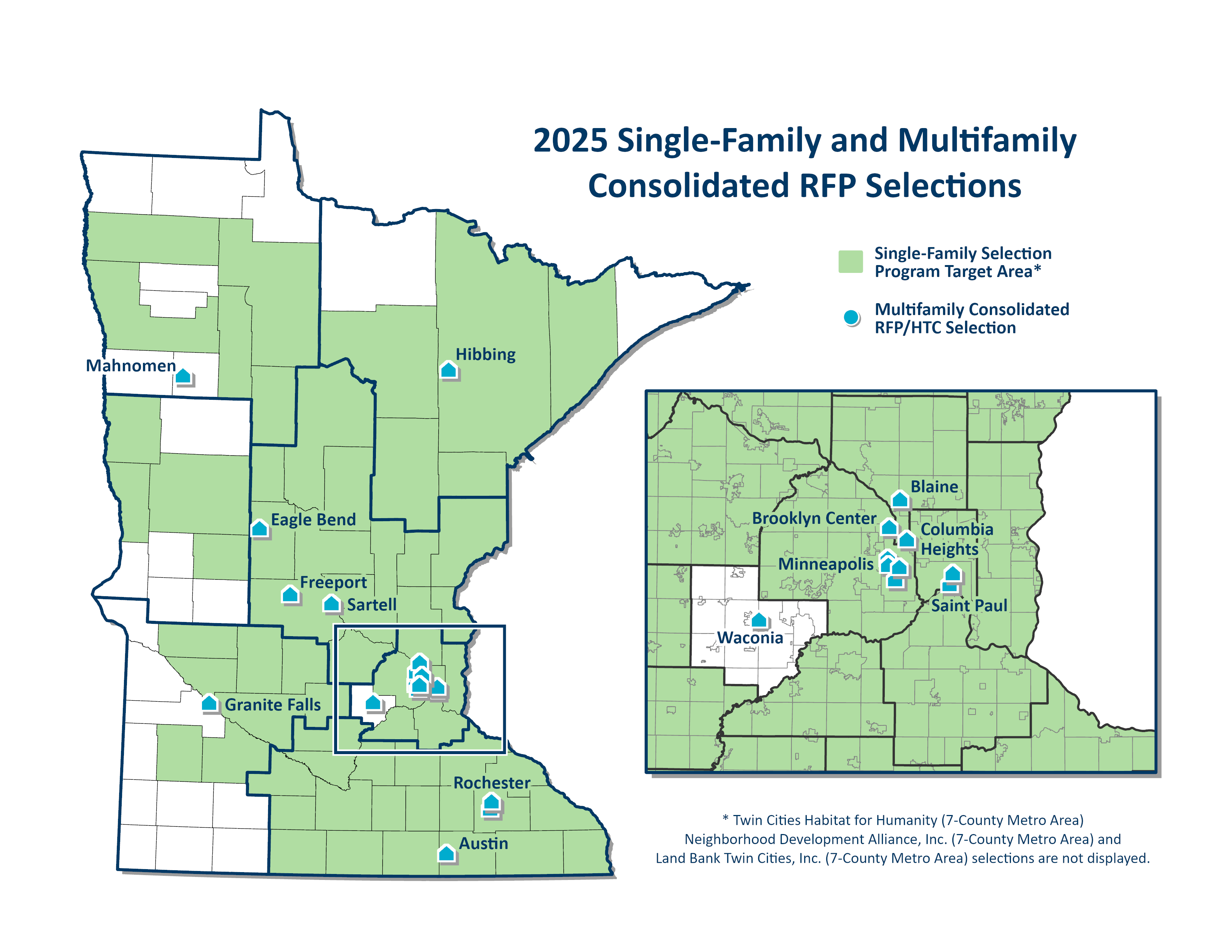 Minnesota map with single family selection program areas shading much of the state and multifamily consolidated RFP/HTC selections sites marked 